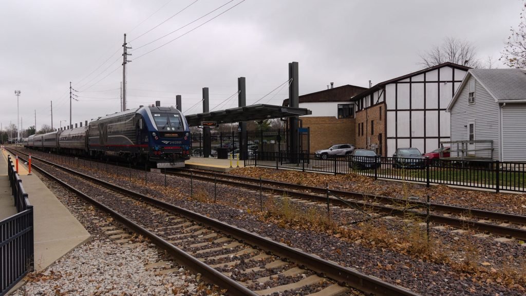 Normal, Illinois, USA 11-12-2022- Amtrak Train 301 loads passengers at Uptown Station in Normal, Illinois before continuing south from Chicago Illinois to St. Louis, Missouri