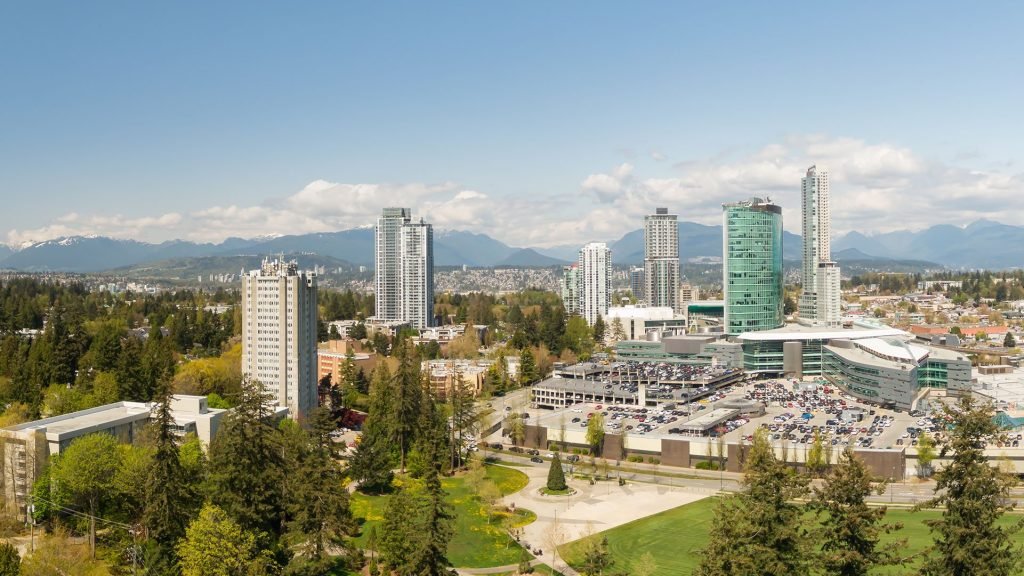 Panoramic view of Surrey Central Mall during a sunny day. Taken in Greater Vancouver, British Columbia, Canada.